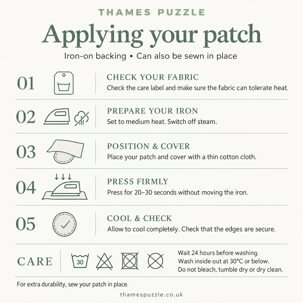 An instructional graphic titled 'Applying your patch' from Thames Puzzle, showing a five-step guide with icons and text for checking fabric, preparing the iron, positioning and covering the patch, pressing firmly, and cooling while checking the edges. Includes care symbols and washing instructions at the bottom.