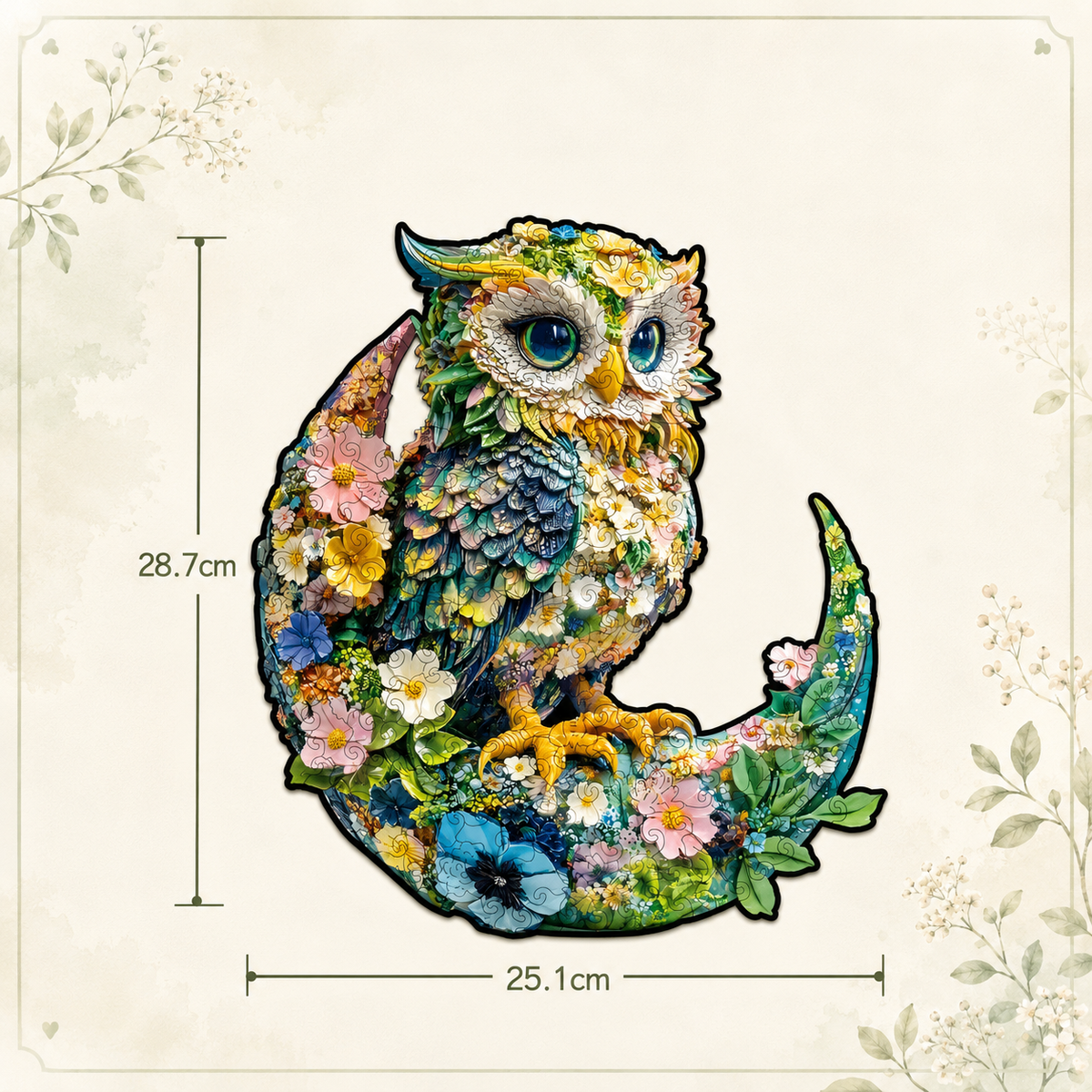 A decorative embroidered patch of an owl perched on a crescent moon filled with colorful flowers, shown on a light beige background with floral corner details and measurement lines indicating 28.7 cm height and 25.
