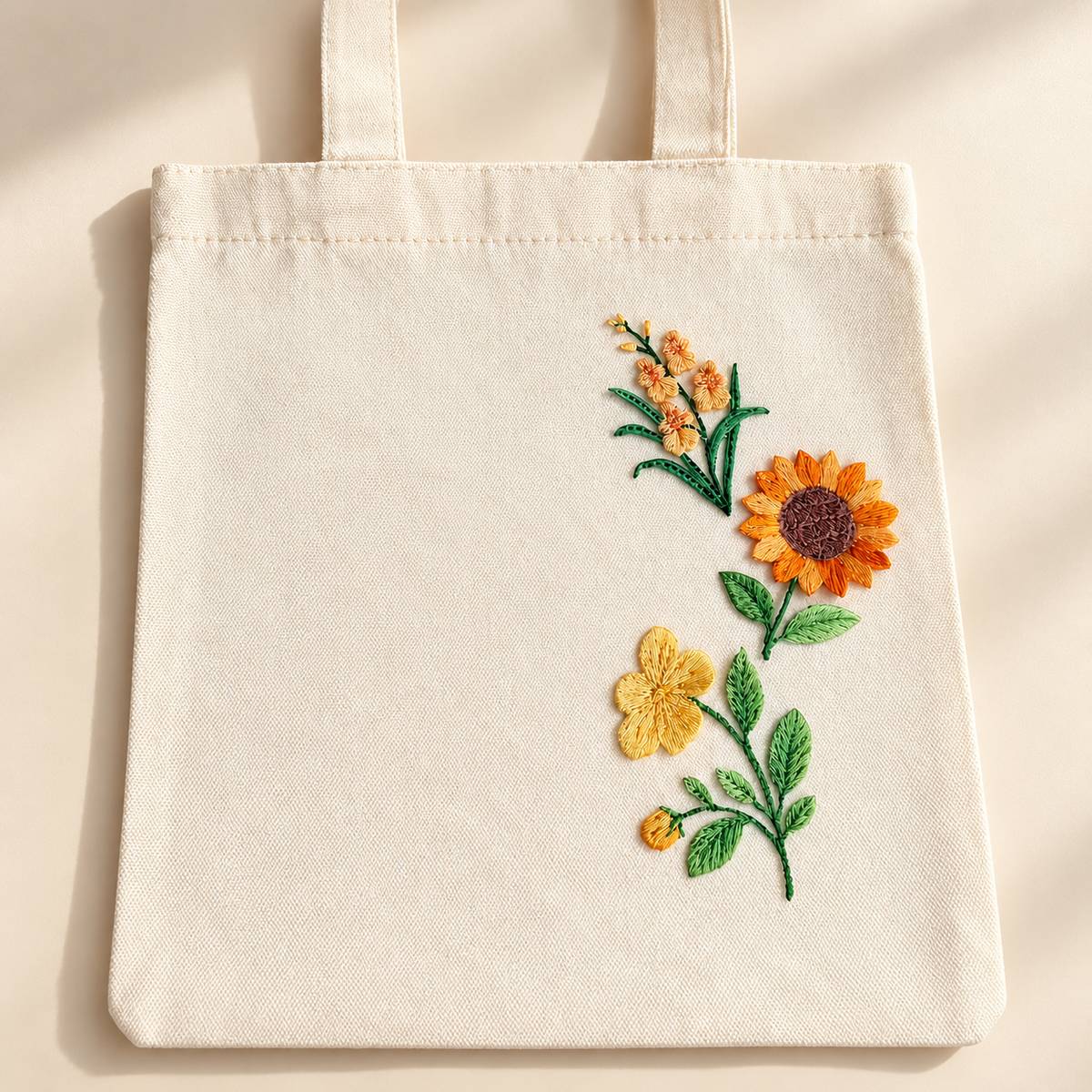 An off-white canvas tote bag with embroidered yellow and orange flowers and green leaves on the right side, displayed against a warm beige background with soft shadows.