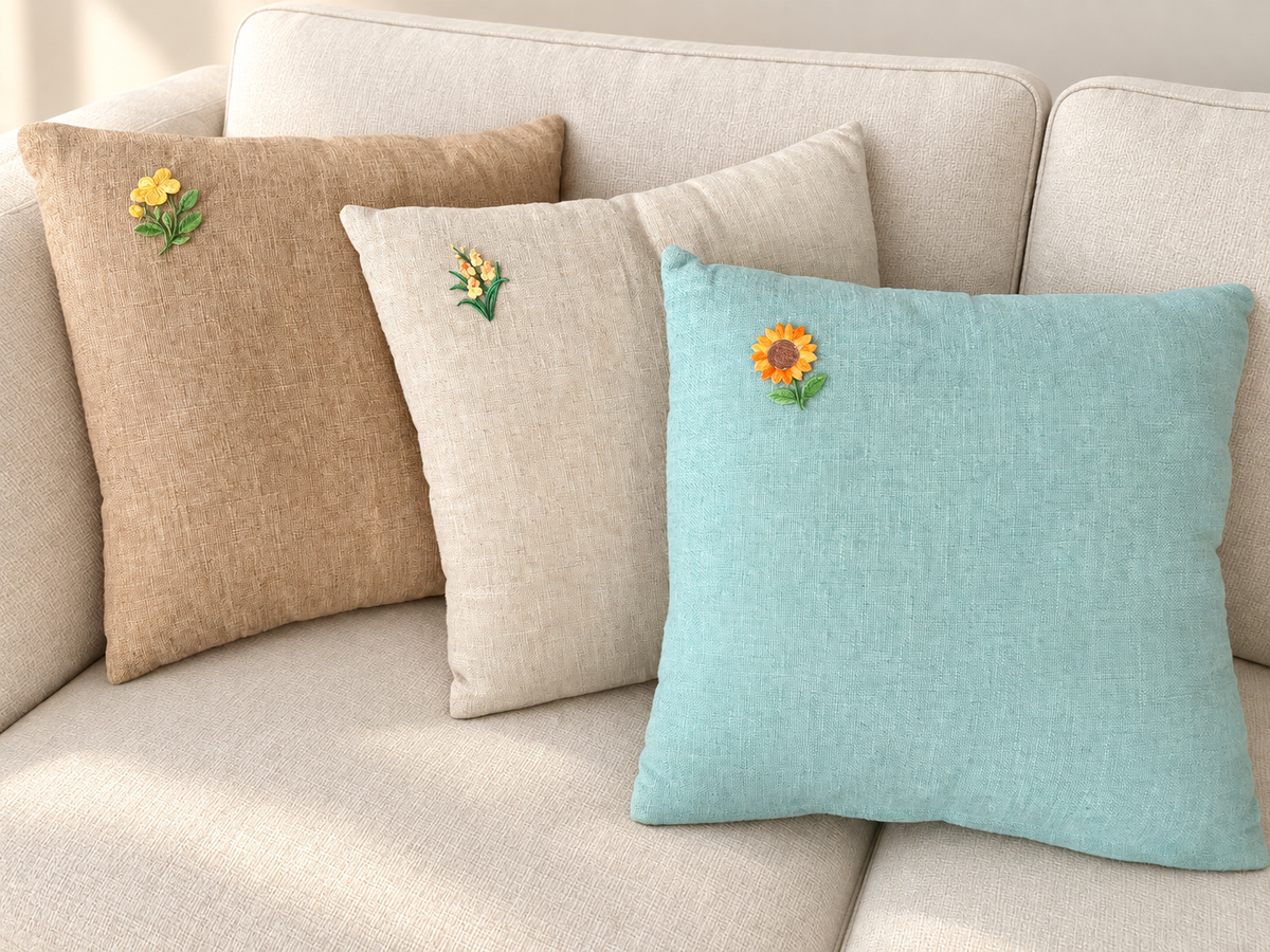 Three square linen throw pillows with embroidered floral designs resting on a light beige fabric sofa. One pillow is tan with a yellow flower, one is cream with a small yellow-and-green flower, and one is light aqua with a yellow sunflower.