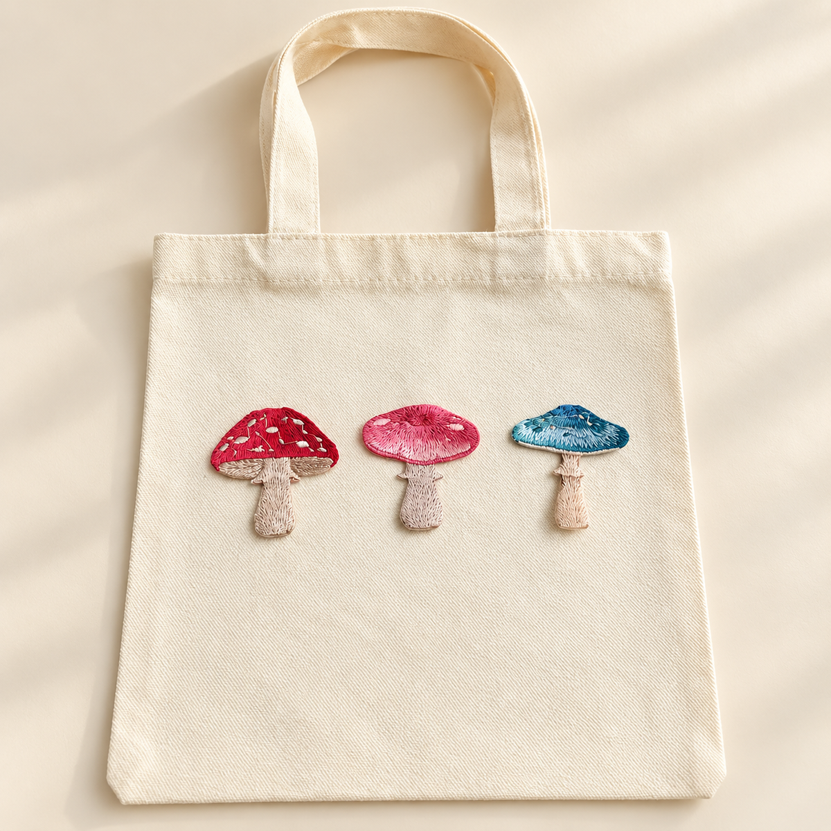 An off-white canvas tote bag with three embroidered mushrooms in red, pink, and blue on the front, photographed on a warm beige background with soft shadows.