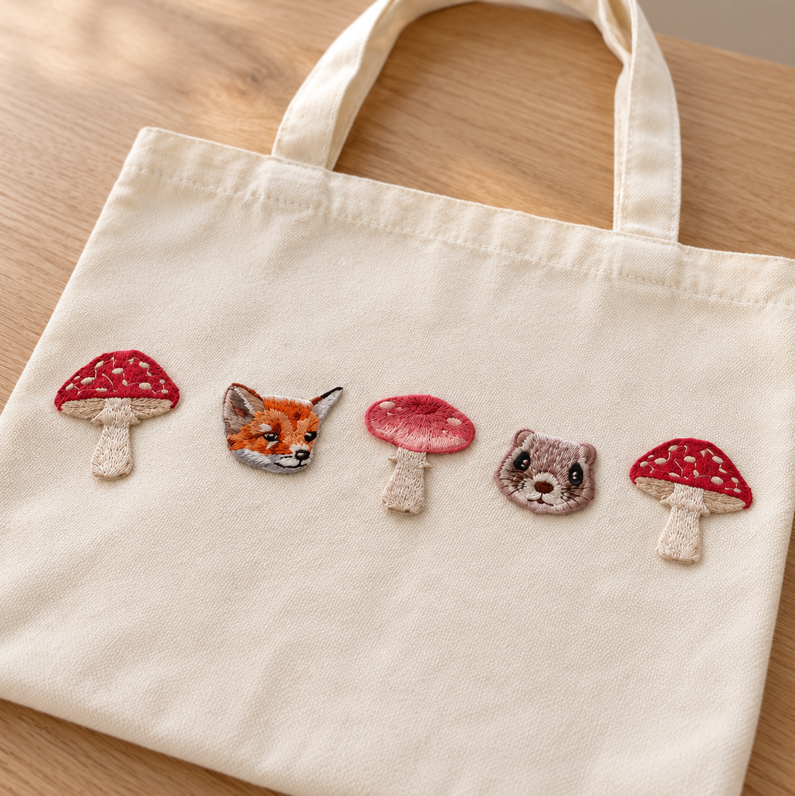 A cream canvas tote bag with embroidered woodland motifs, including three red-and-white mushrooms and a fox face, resting on a light wooden surface.