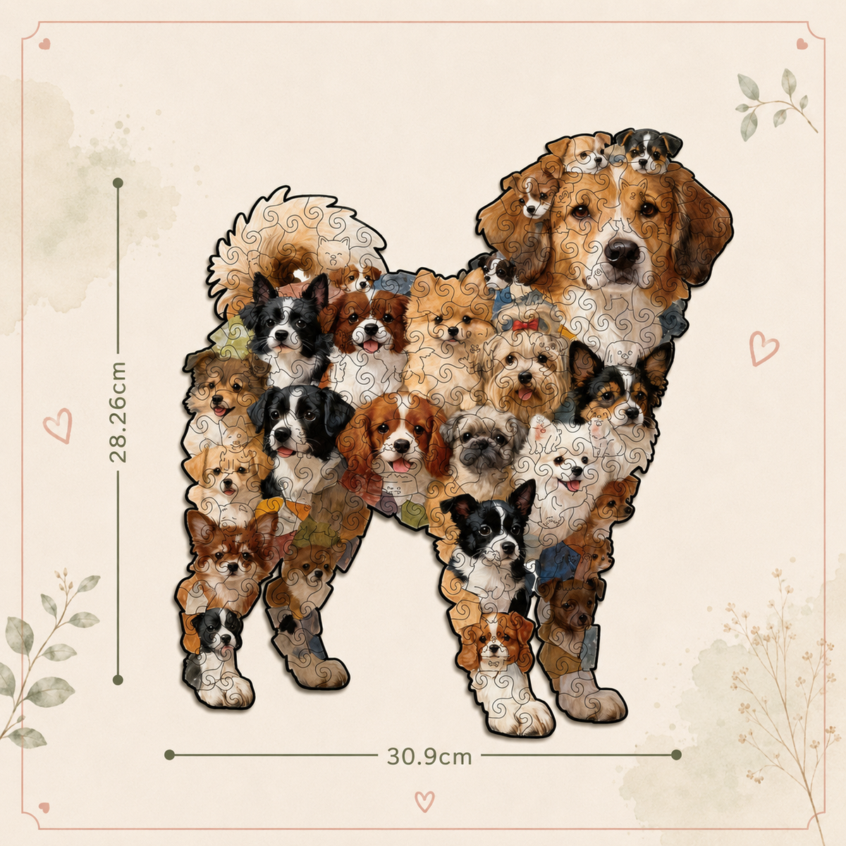 A decorative poster or print showing a large dog silhouette filled with many small dog portraits, with measurement lines and text indicating 28.26 cm height and 30.