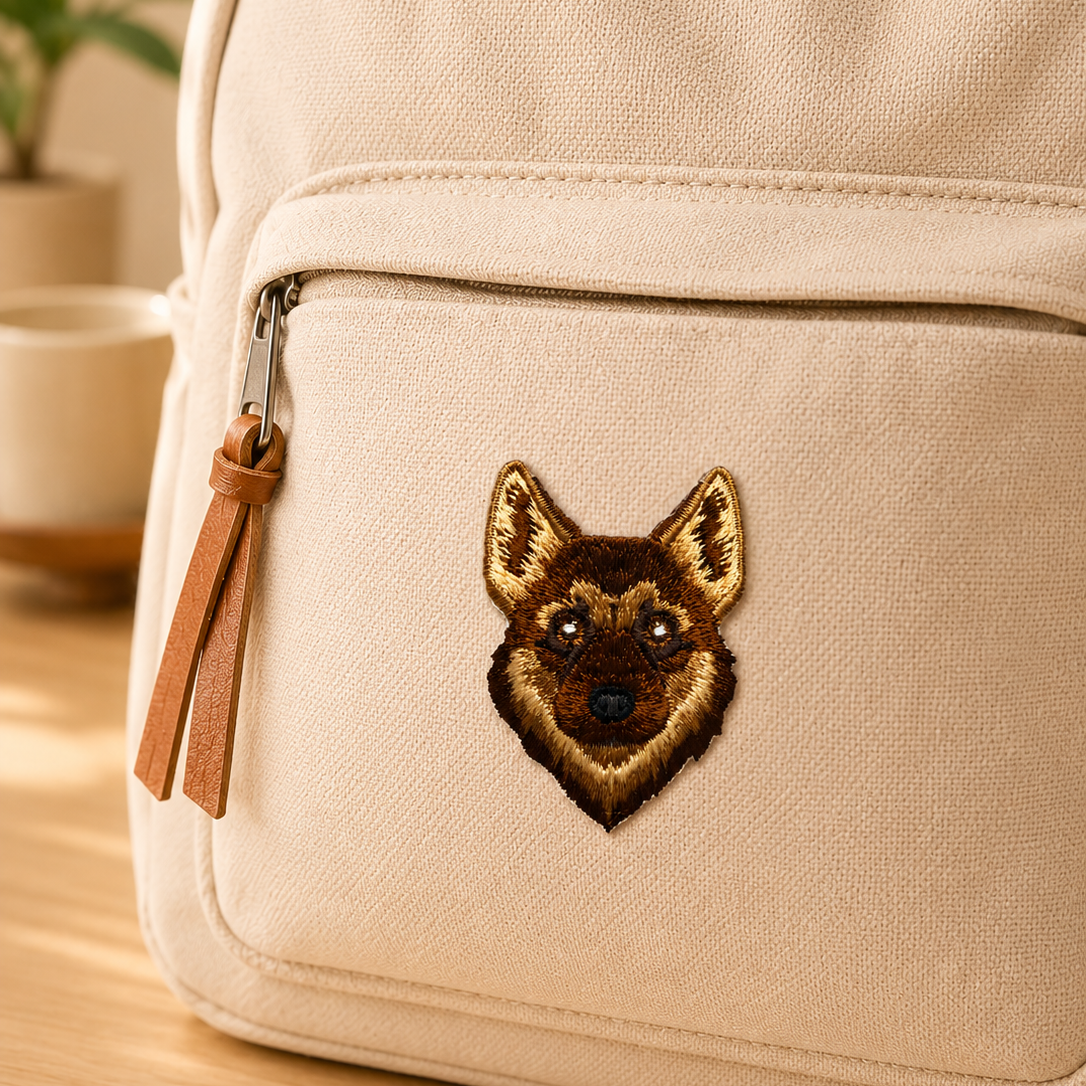 A close-up of a beige canvas backpack with a brown embroidered fox face patch on the front pocket, resting on a wooden surface with a blurred plant and cup in the background.