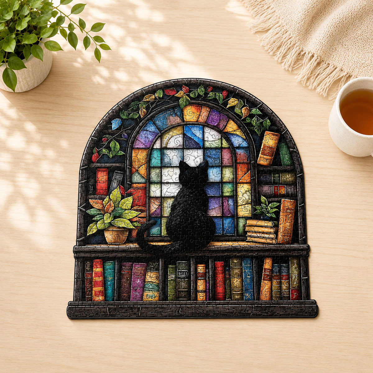 Bookshelf Cat Wooden Jigsaw Puzzle