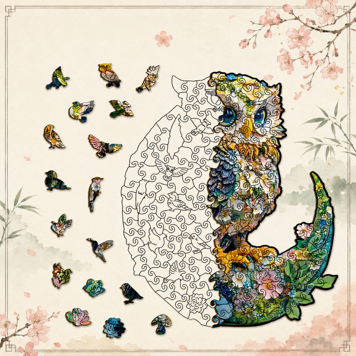 A decorative illustration of a large owl composed of many small colorful bird motifs, shown on a pale floral background with cherry blossoms and bamboo. The left side of the owl is outlined in black and white patterned fill, suggesting a coloring or puzzle-style design, while the right side is filled with multicolored birds, flowers, leaves, and blue eyes.