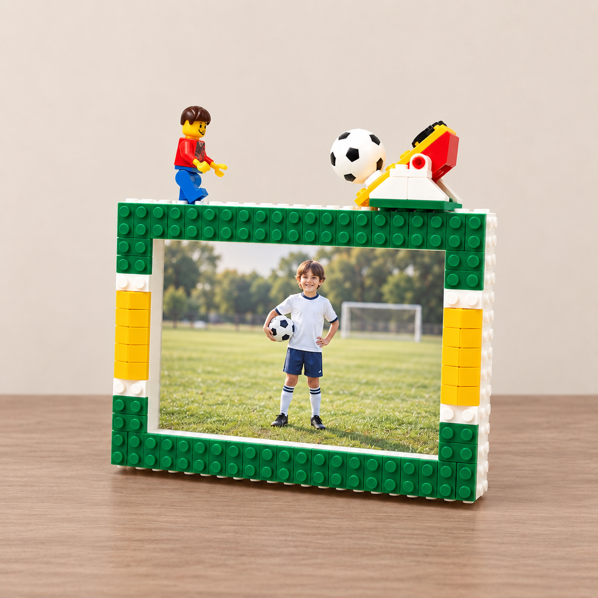 A custom Lego-style picture frame made of green, white, and yellow bricks, displayed on a wooden table. The frame holds a photo of a boy playing soccer, and there are small toy soccer players and a ball on top of the frame.