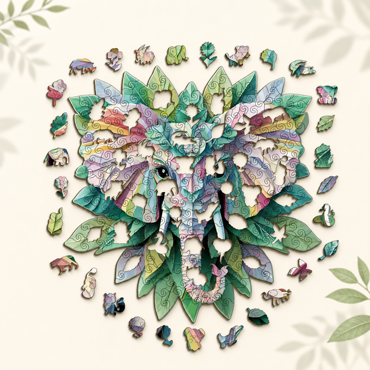 A colorful 3D wooden jigsaw puzzle of an elephant's face made of leaf-shaped pieces, surrounded by small matching animal puzzle pieces on a light cream background with subtle leafy corner accents.