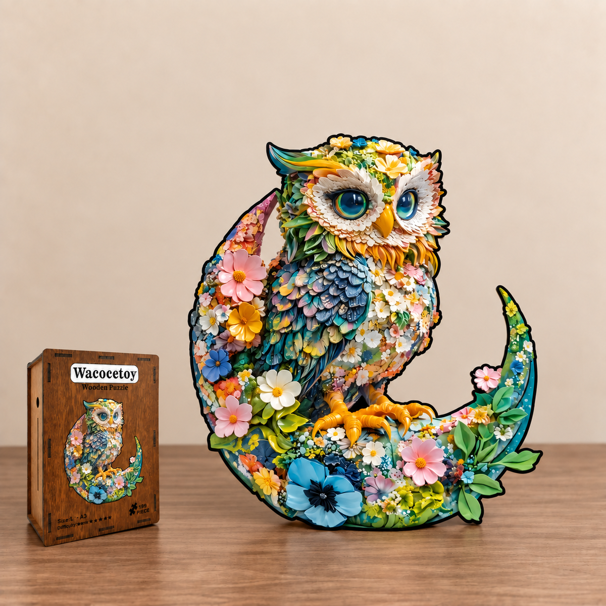 A decorative owl sculpture made from layered flowers and leaves, perched on a crescent moon shape, displayed on a wooden surface against a beige wall. A small wooden box labeled 'Wacootoy' with an owl illustration sits beside it.