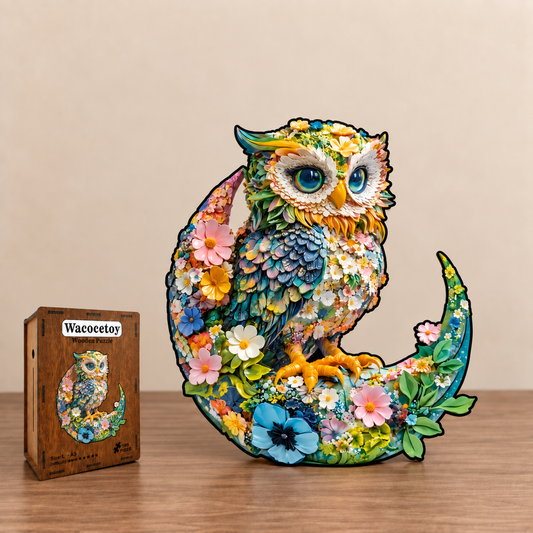 A decorative owl sculpture made from layered flowers and leaves, perched on a crescent moon shape, displayed on a wooden surface against a beige wall. A small wooden box labeled 'Wacootoy' with an owl illustration sits beside it.
