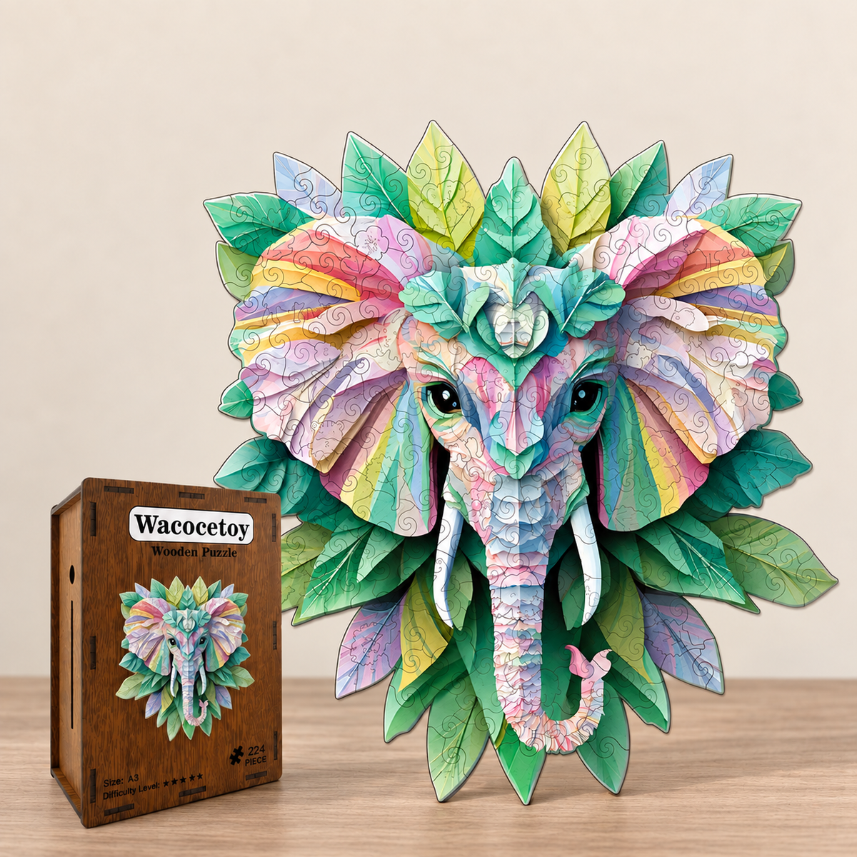 A colorful assembled 3D elephant head puzzle with layered leaves and pastel patterned details, displayed beside its wooden box labeled 'Wacocetoy' on a light wood surface against a beige wall.
