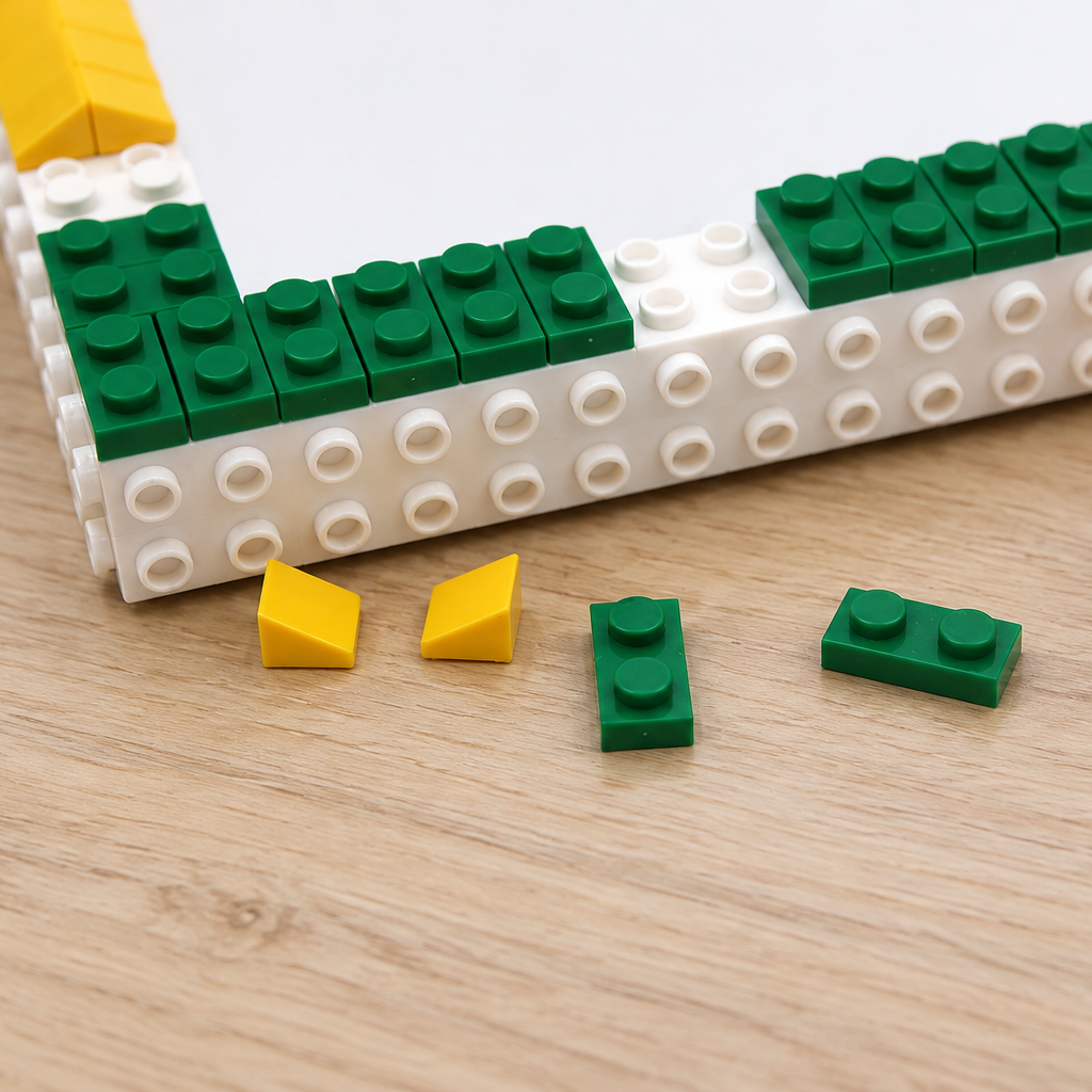 A close-up of a toy construction set on a light wood surface, showing a white and green rectangular base with scattered green and yellow pieces, plus a small black-and-white soccer ball on the right.