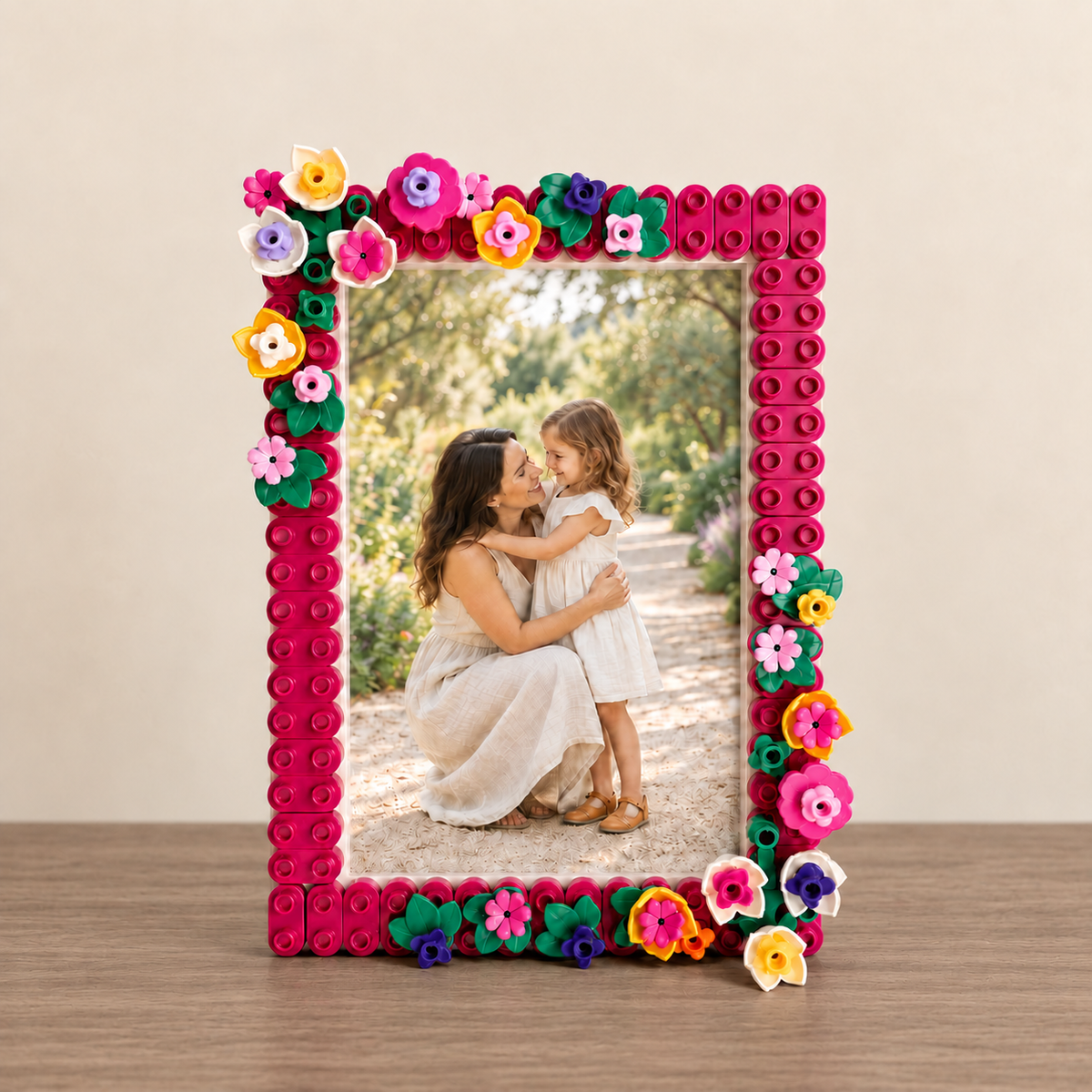 A square photo frame made of bright pink building blocks with colorful flower decorations around the border, holding a photo of a woman and child, set on a wooden surface against a beige wall.
