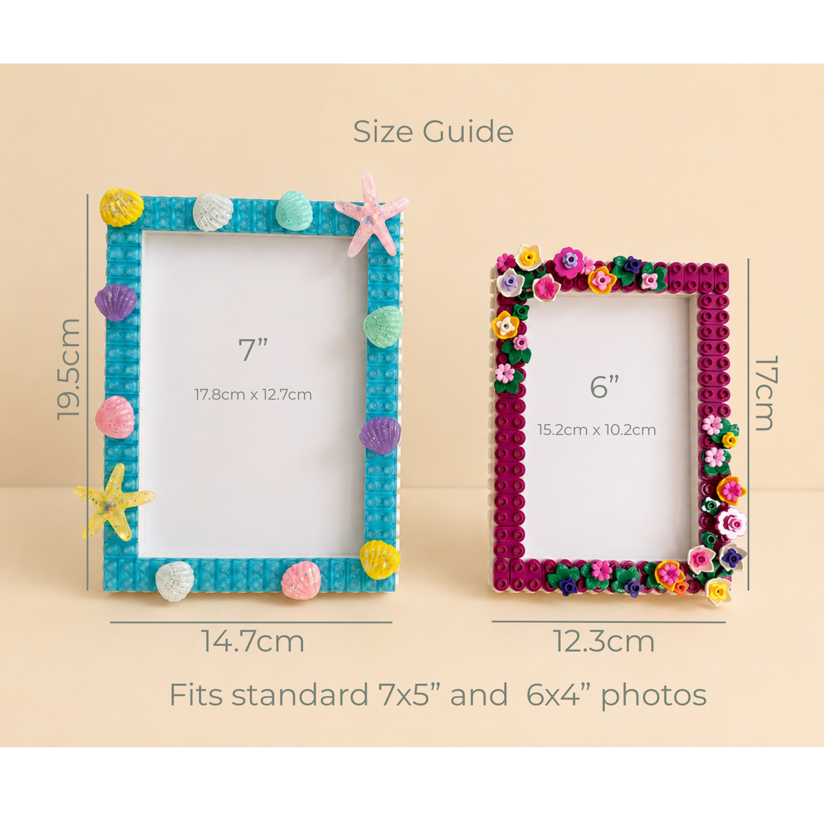 Two decorative photo frames with dimension labels on a beige background. The left frame is turquoise with pastel seashell and starfish embellishments, labeled 7 x 14.